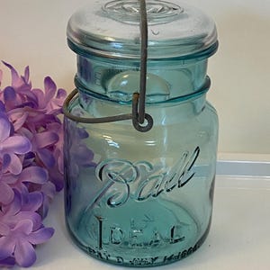 Vintage Aqua Ball Ideal Jar: Clear Glass Lid, Pat&#39;d 1908