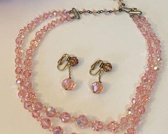 Pink Aurora Borealis Double strand 16 1/4” Crystal Necklace and matching Earrings. Not signed