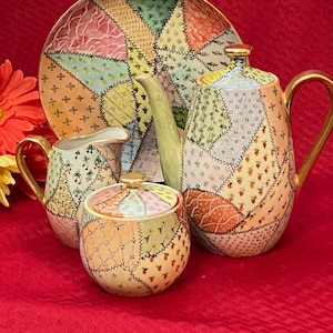 Adorable Patchwork Tea Set. Tea Pot, Creamer, Sugar bowl and plate. Hand painted porcelain.