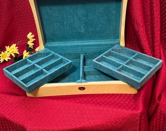 Yellow Wood Jewelry Box: Blue Velvet Lining, Swing Out Drawers