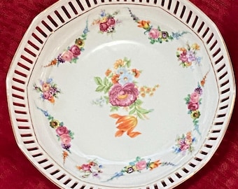 Vintage Schumann Arzberg Bavaria Reticulated 1920’s Plate: Hand-Painted Flowers, Gold Trim