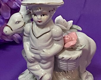 Vintage GOT Porcelain Figurine, Boy with Donkey, Gold Accents