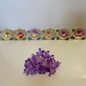 Set of 6 Vintage Lefton China, Rose trinket dishes gold trim, hand painted.
