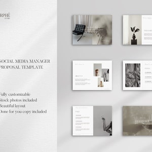 May include: A social media manager proposal template with a minimalist design. The template includes a welcome page, about us section, services offered, frequently asked questions, and a thank you page. The template is fully customizable and includes stock photos.