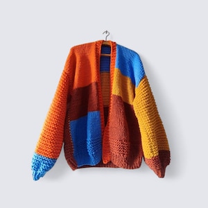 Unisex Patchwork Knit Cardigan – Chunky Oversized Handmade Sweater Jacket, Retro Streetwear Style Gift
