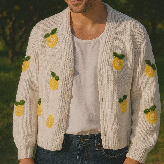 Men's Lemon Cardigan – Handmade Chunky Knit Sweater With Citrus