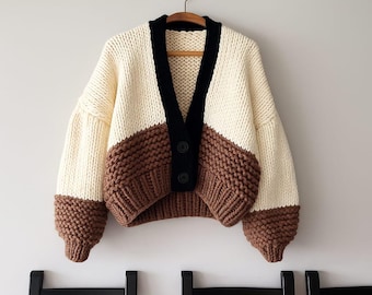 Men’s Chunky Knit Cardigan with Buttons, Cream Brown Colorblock Sweater, Hand-Knitted Oversize Gift for Him, Cozy Winter Outfit