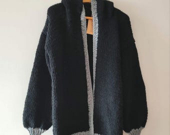 Hooded oversize black men  cardigan – Black Knit Wool Cardigan with Gray Trim, Handmade Cozy Sweater, Gift for Him for valentines day