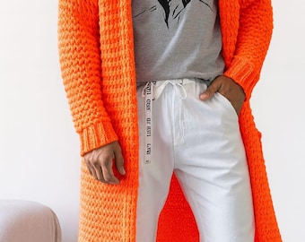 Hooded long stylish men Cardigan,  Chunky handmade viral sweater For men, knitted men's Jacket, valentines gifts For him
