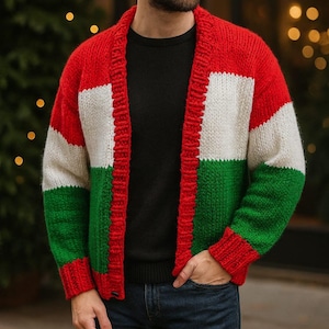 Men’s Christmas Knit Cardigan – Chunky Red Green White Colorblock Sweater, Handmade Oversized Holiday Jumper, Cozy Gift for Him
