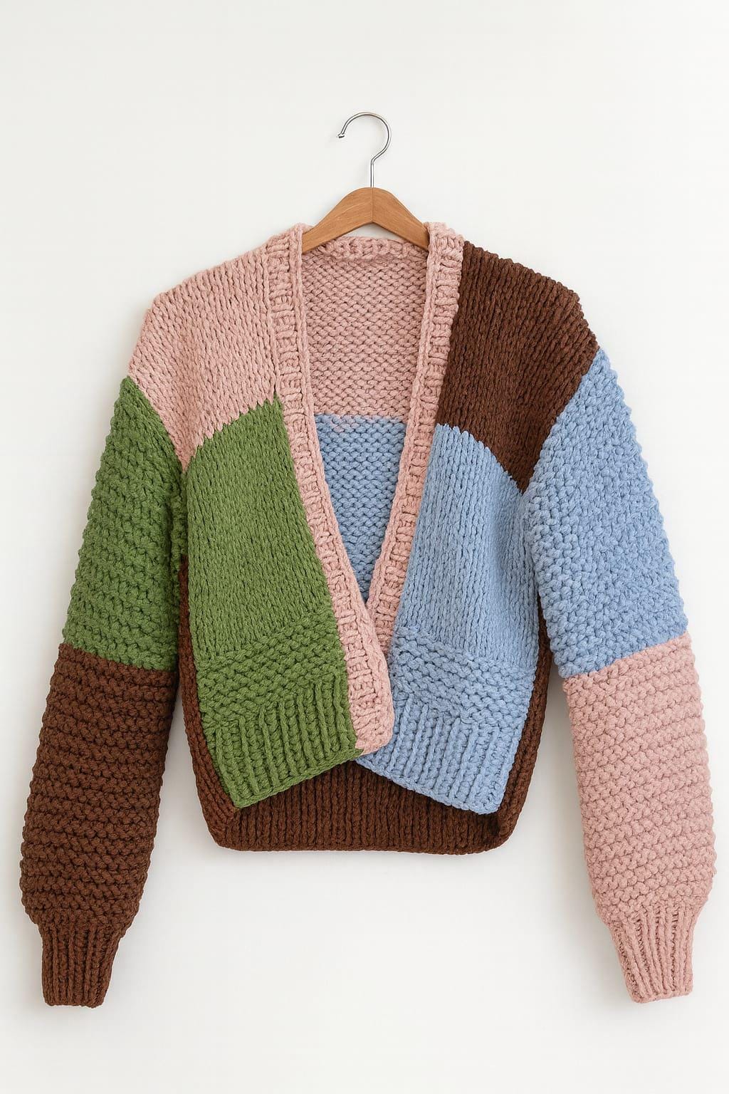 Earthy Colorblock Men’s Patchwork Cardigan – Earth Tone Knit Sweater, Chunky Handmade ...