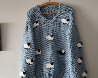 Grobstrick Schaf Pullover Männer, Handgefertigter Strickpullover, Gemütlicher Blauer Wollpullover, Oversized Winter Pullover, Bauernhof Tier Strickpullover