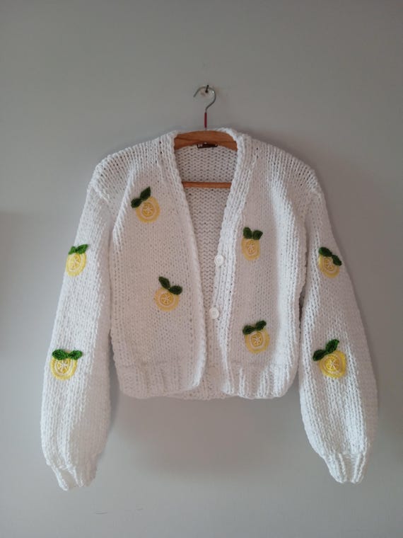 Men's Lemon Cardigan – Handmade Chunky Knit Sweater With Citrus