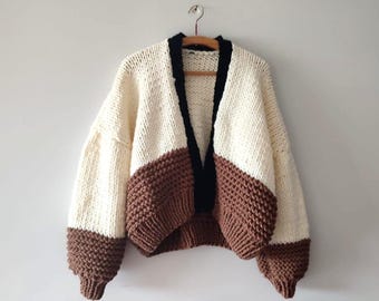 Chunky Wool Cardigan for Men, Handmade Knit Sweater, 80s Inspired Oversized Open Cardigan, Cozy Winter Jacket, Gift for Him