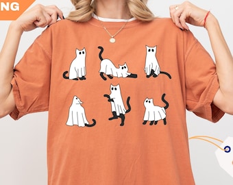 Camiseta de gato fantasma Comfort Colors®, camiseta de gato de Halloween, camiseta de gato negro, camiseta de Halloween para amantes de los gatos, camiseta de gato fantasma, camiseta divertida de gato fantasma