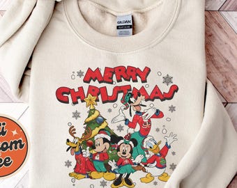Sudadera navideña de Mickey y sus amigos, sudadera navideña de Disneyland, suéter familiar navideño, sudadera navideña retro de Disneyland