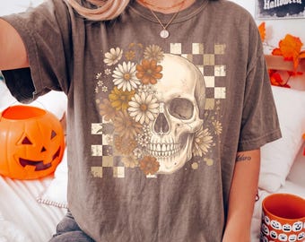 Comfort Colors®  Boho Skull Floral Graphic Tee, Halloween Shirt, Retro Skeleton Shirt, Spooky Season Shirt