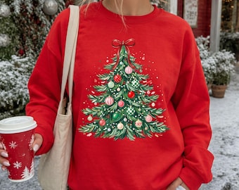 Christmas Tree Sweatshirt, Colorful Xmas Holiday Crewneck, Cute Coquette Bow Winter Sweater