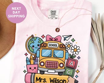 Custom Pink Bow School Bus Comfort Colors® Teacher Shirt, Personalized Teacher Tee, Cute School Bus Shirt, Retro School Bus Doodle Shirt