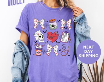 Camiseta de enfermera de Halloween Comfort Colors®, camisetas de enfermera Boo Boo Crew, regalo de enfermera para mujer, camiseta de temporada espeluznante, camiseta de esqueleto, camiseta de enfermera de otoño
