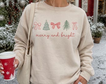 Merry and Bright Christmas Sweatshirt, Coquette Bow Holiday Crewneck, Minimalist Xmas Tree Design Sweater