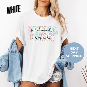 a woman wearing a white t - shirt that says school punch next day shipping