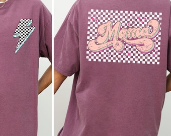 Rutig Lightning Bolt Mama Comfort Colors®-skjorta, Retro mammaskjorta, Mors dag-skjorta, Vintage rutig mamma-t-shirt, Varsity mammaskjorta