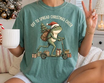 Christmas Frog Comfort Colors® Shirt, Off to Spread Holiday Cheer Graphic Tee, Cute Scooter Design Shirt