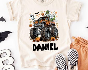 Personalized Monster Truck Comfort Colors® Shirt, Custom Name Halloween Truck T-Shirt, Spooky Season Tee