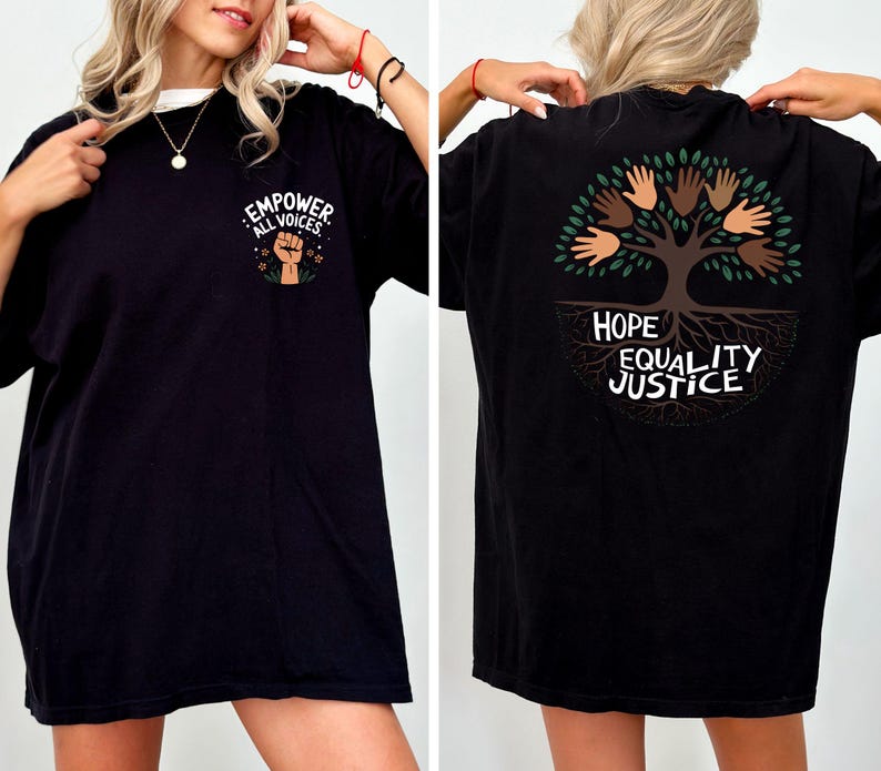 a woman wearing a black shirt with a tree on it
