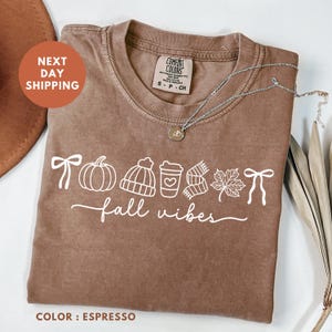 Könnte beinhalten: Espressofarbenes Comfort Colors T-Shirt mit weißer Grafik von Herbst-Symbolen und dem Schriftzug "fall vibes". Eine silberne Halskette mit Anhänger liegt auf dem Shirt. Das Shirt ist in Größe S.