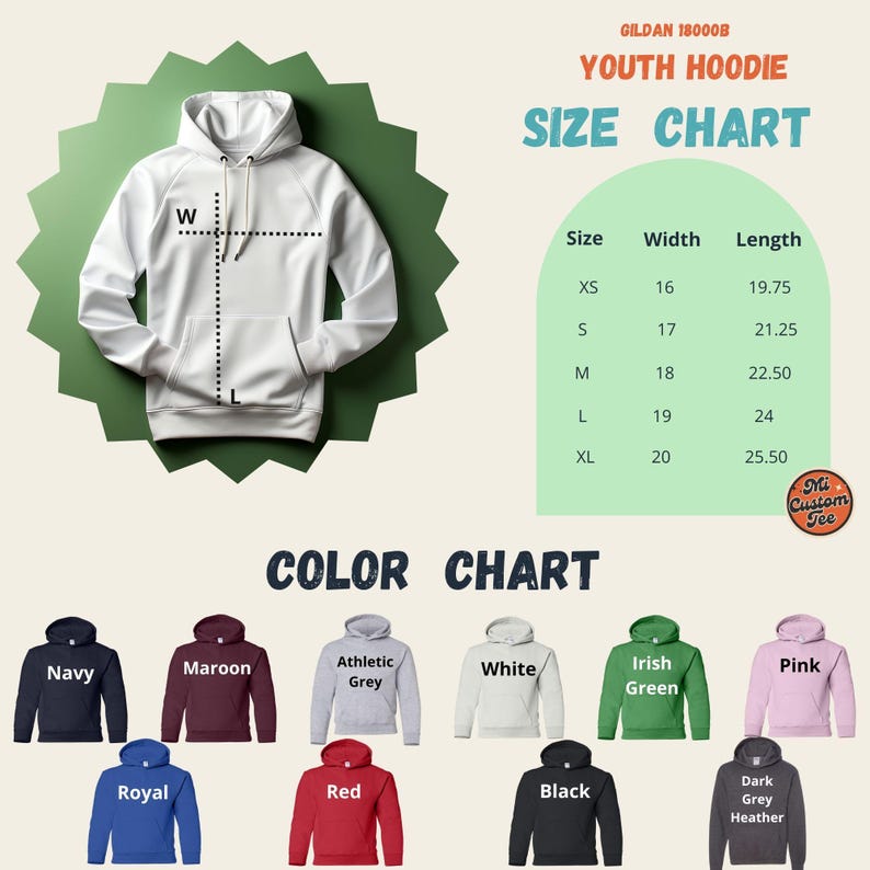 a white hoodie with the color chart for each hoodie