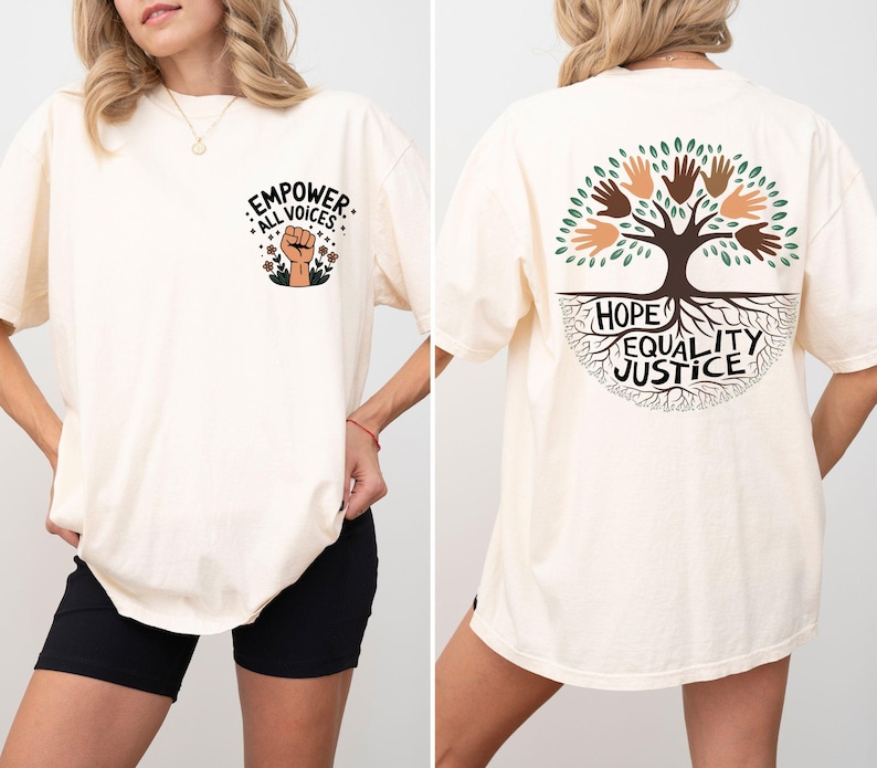 a woman wearing a white shirt with a tree on it