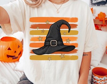 Comfort Colors® Witch Hat Shirt, Black Witch Hat Graphic Tee, Retro Orange Stripe Shirt
