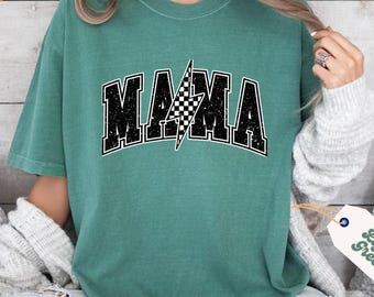 Comfort Colors® Lightning Bolt Mama Shirt, Retro Checkered Mama Shirt, Mother's Day Shirt, Vintage Checkered Mama Tshirt, Varsity Mom Shirt