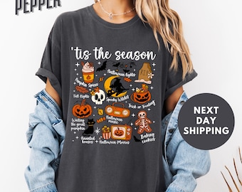 Maglietta Vintage Halloween Comfort Colors®, Tis' the Season, Estetica retrò di Halloween, Maglietta da donna per Halloween, Maglietta grafica con zucca strega
