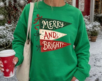 Merry and Bright Christmas Sweatshirt, Vintage Holiday Pennant Crewneck, Retro Red Green Banner Design Sweater