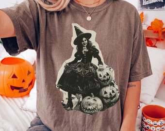 Vintage Witch Comfort Colors® Shirt, Spooky Woman T-Shirt, Gothic Pumpkin Halloween Tee