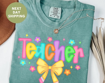Floral Teacher Comfort Colors® Shirt, Coquette Pen Teacher Shirt, Teacher Life Shirt,  Coquette Bow Cool Teachers T-Shirt, Gift For Teacher
