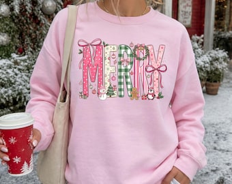 Merry Christmas Sweatshirt, Pink Coquette Bow Holiday Crewneck, Cute Merry Sweatshirt