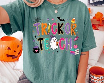 Comfort Colors® Teacher Halloween Shirt, Trick or Teach Shirt, Spooky Teacher T-shirt, Retro Ghost Teacher Tee