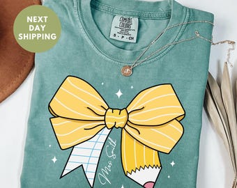 Custom Pencil Bow Comfort Colors® Teacher Shirt, First Day of School Shirt, Personalized Coquette Bow Teacher Tee, Teacher Appreciation Tee