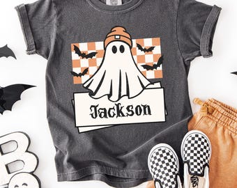 Personalized Kids Ghost Comfort Colors® Shirt, Custom Name Halloween Toddler T-Shirt, Retro Boo Tees
