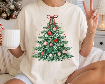Comfort Colors® Colorful Christmas Tee, Decorated Tree Graphic Shirt, Vintage Ornament Holiday Outfit