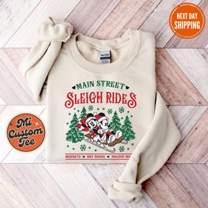 Retro Mickey Minnie Main Street Sleigh Rides Sweatshirt, Disney Christmas Sweater, Mickey Minnie Christmas Sweatshirt, Cute Christmas Hoodie