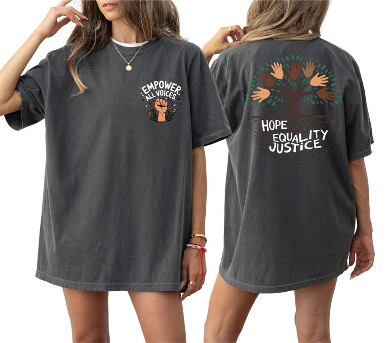 a woman wearing a t - shirt with a tree on it