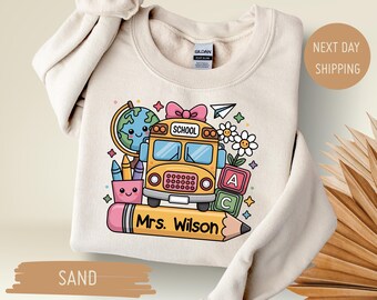Personalized Cute Teacher Sweatshirt, Custom Teacher Name School Bus Design Sweater, Retro School Bus Sweater For Teachers, Teacher Sweater