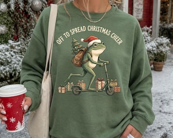 Funny Christmas Frog Sweatshirt, Off to Spread Holiday Cheer Crewneck, Quirky Winter Gift