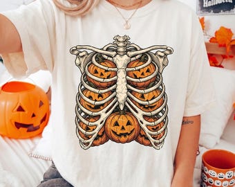 Pumpkin Rib Cage Comfort Colors® Shirt, Retro Skeleton Halloween Tee, Spooky Season Tees