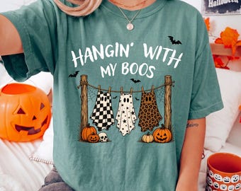 Hangin’ With My Boos Comfort Colors® Halloween Shirt, Cute Clothesline Ghosts Tee